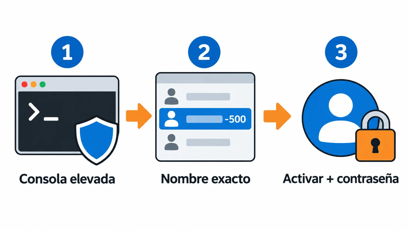 Flujo para abrir una consola elevada, localizar la cuenta por su nombre y activarla con contraseña.