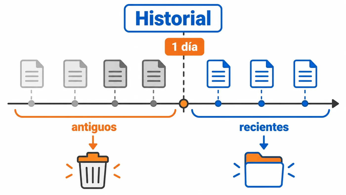 Línea de tiempo: al fijar un día de retención, se eliminan los registros antiguos y permanecen los recientes.