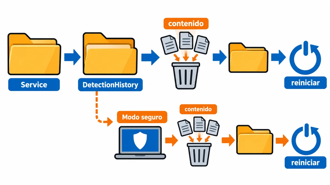 Flujo para borrar el contenido de DetectionHistory y reiniciar; si está en uso, hacerlo desde modo seguro.
