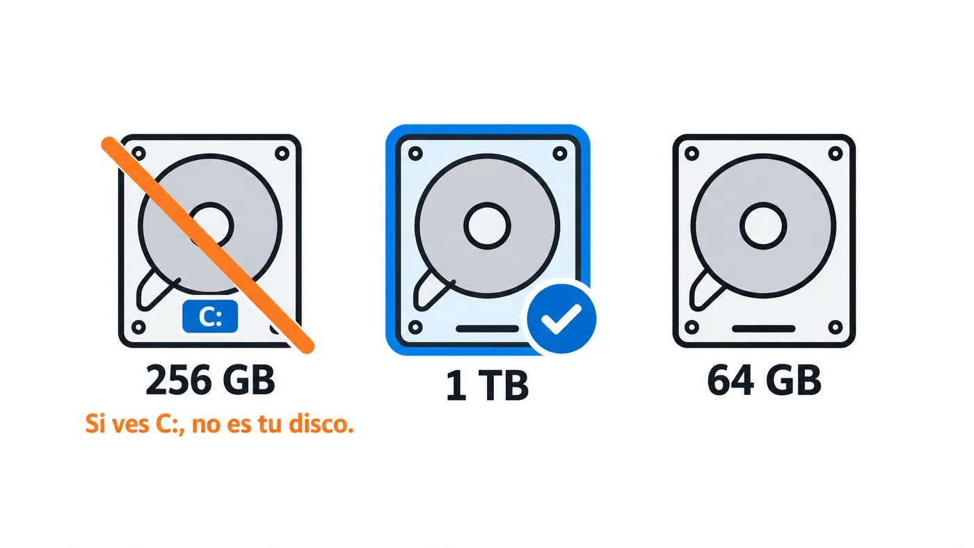 Tres discos de 256 GB, 1 TB y 64 GB; el de 1 TB está seleccionado y el de 256 GB, que contiene C:, aparece tachado.