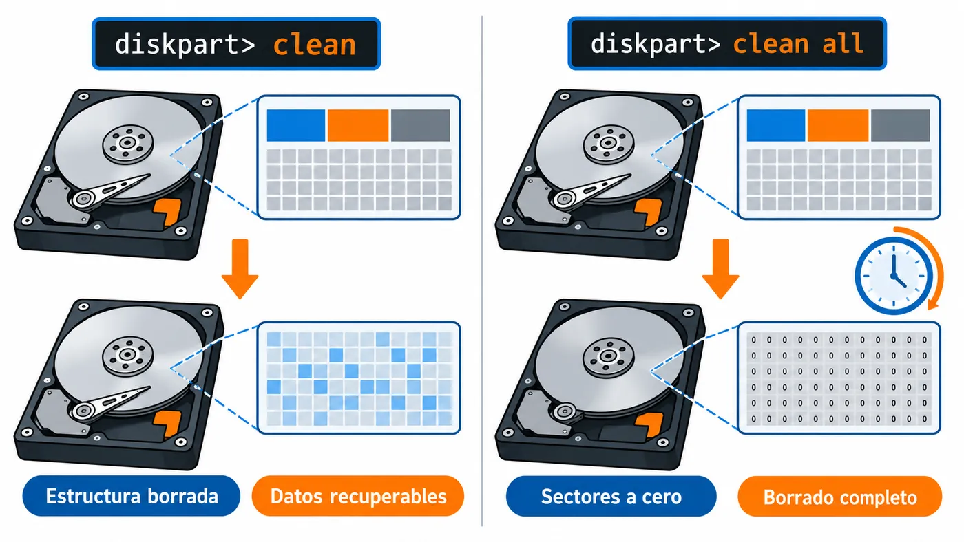 Comparación: clean elimina la estructura y deja datos recuperables; clean all pone a cero todos los sectores.