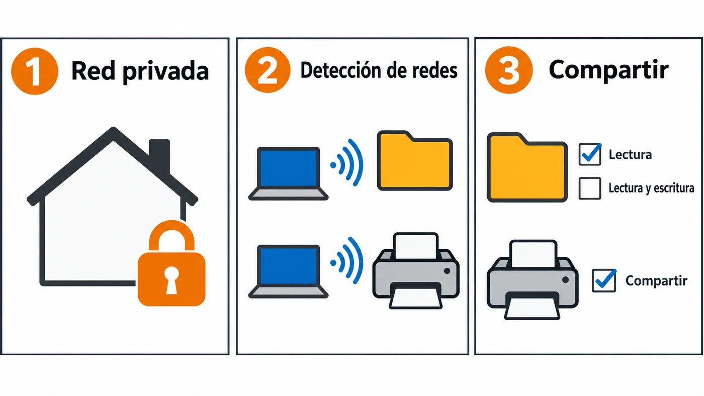 Tres pasos: activar la red privada, activar la detección de redes y compartir una carpeta con permisos de lectura o lectura y escritura, o una impresora.