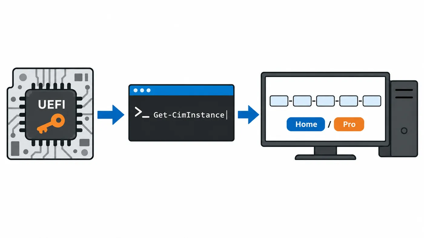 Flujo de lectura de la clave OEM desde UEFI con PowerShell y referencia a las ediciones Home y Pro.