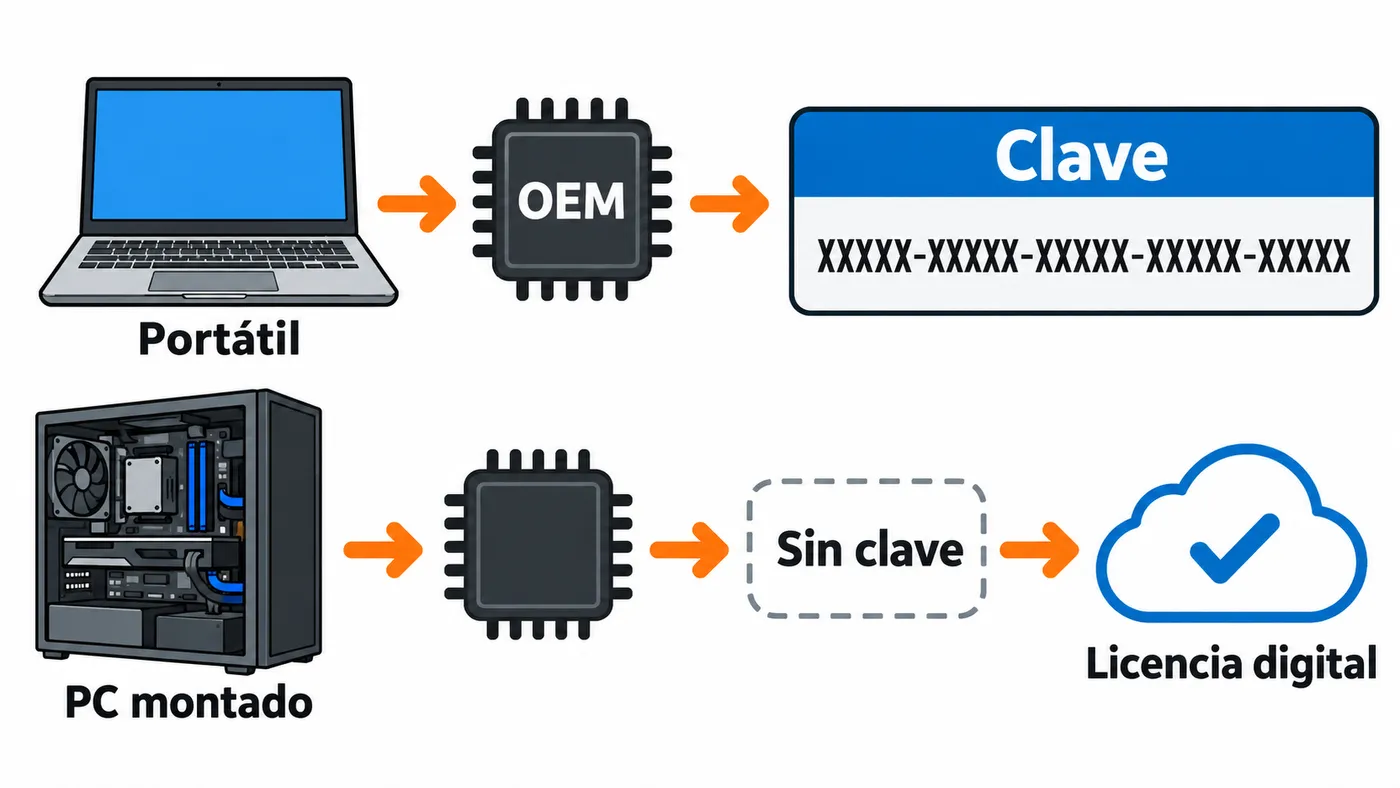 Un equipo con clave OEM devuelve una clave; un PC montado sin clave puede usar una licencia digital.