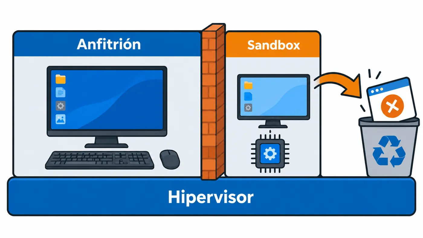 Un PC anfitrión con una ventana del sandbox aislada por el hipervisor, que al cerrarse se descarta por completo.
