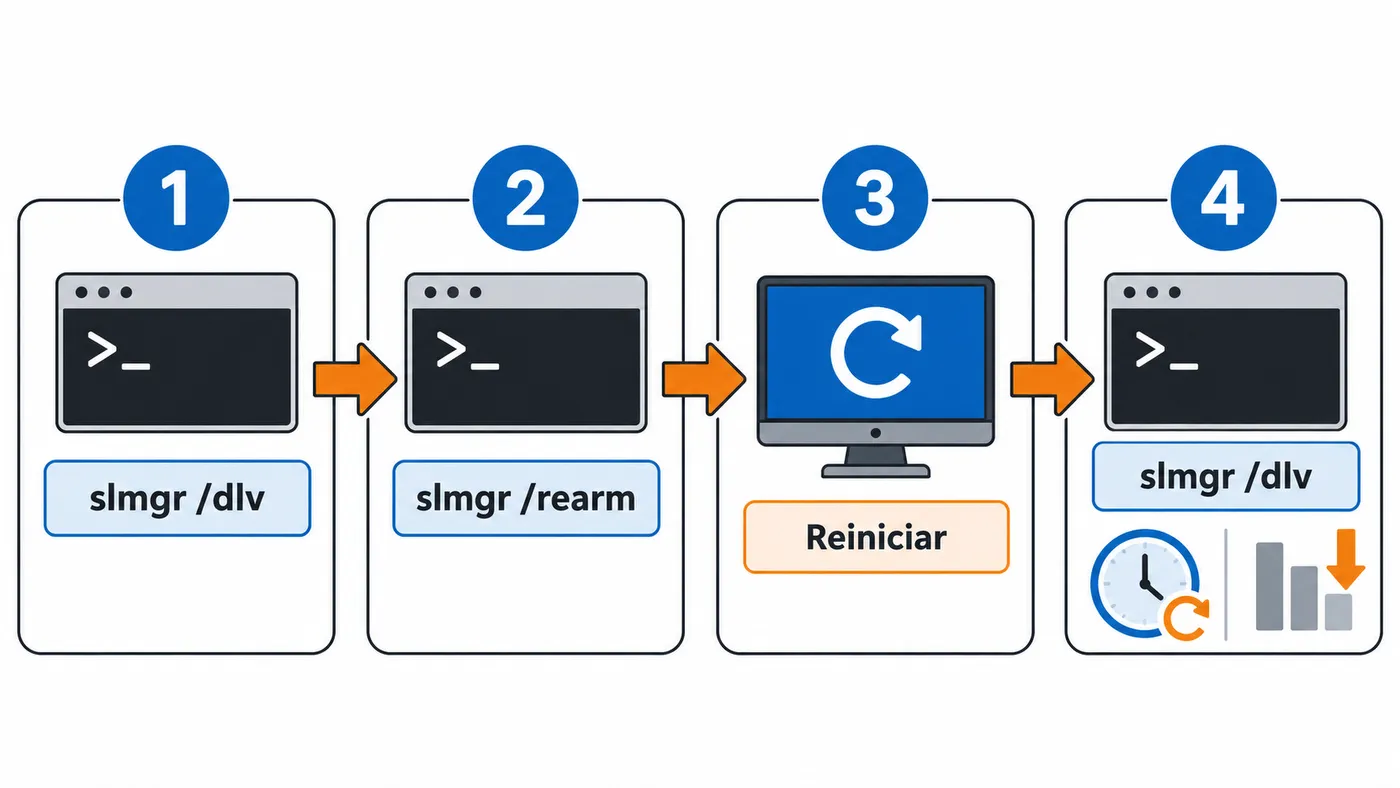 Flujo de cuatro pasos: consultar slmgr /dlv, ejecutar slmgr /rearm, reiniciar y comprobar el nuevo estado.