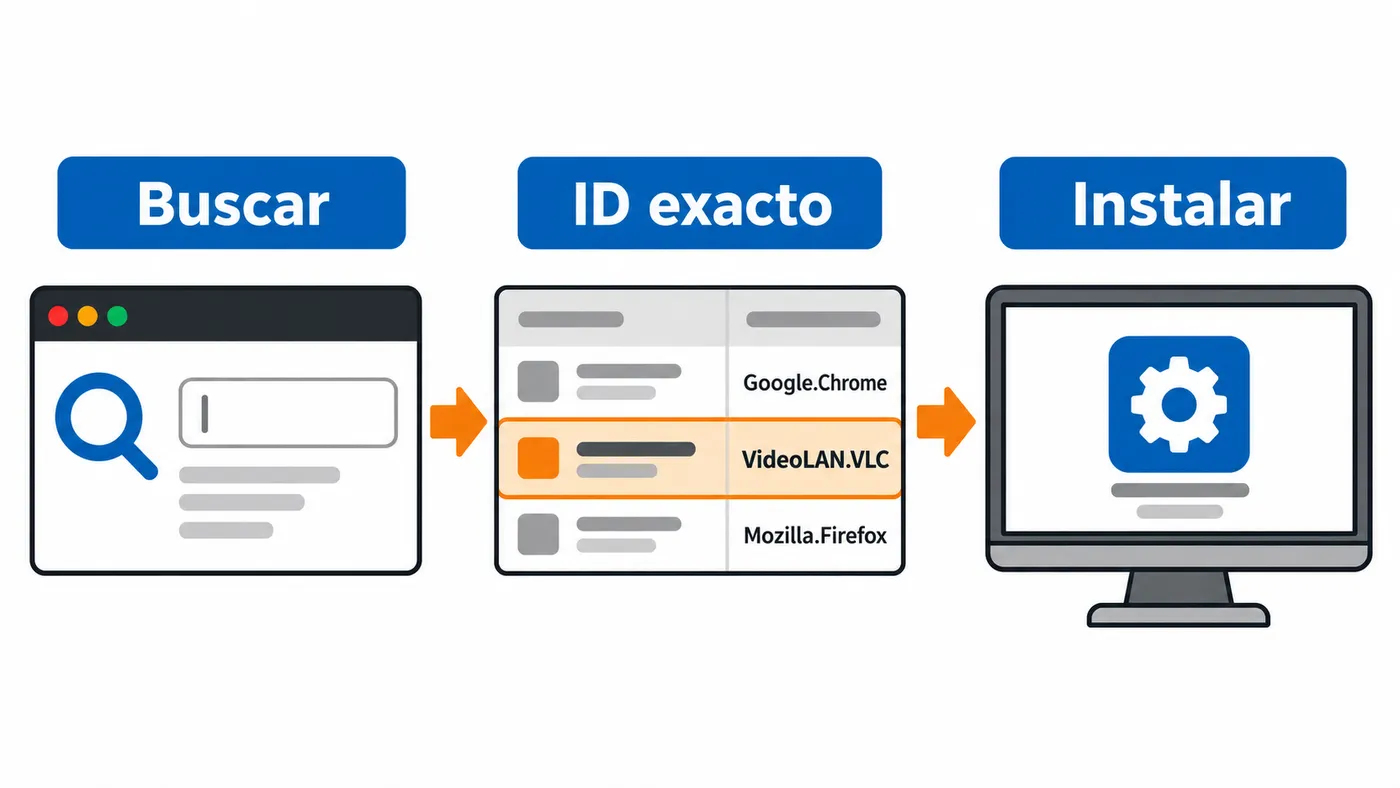 Flujo de búsqueda de un programa, selección de su Id exacto e instalación en el equipo.