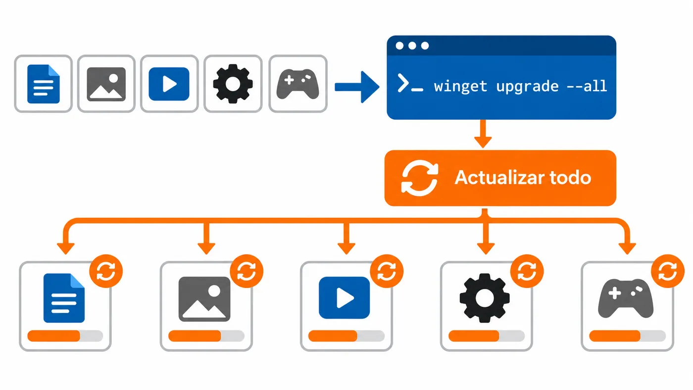 Un comando de winget distribuye actualizaciones a varios programas instalados.