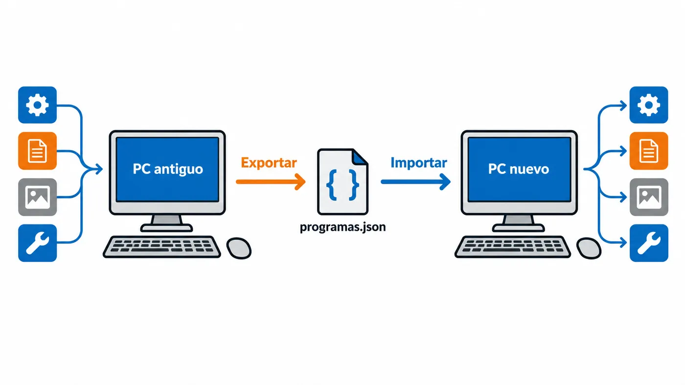 La lista de programas pasa del PC antiguo a un archivo JSON y luego al PC nuevo.